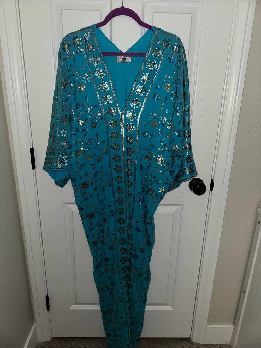 Liza Jane Embroidered Turquoise Kaftan Dress with Metallic Accents